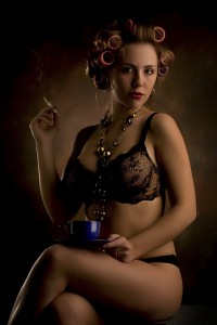 Smoko Time in Black Bra and Knickers