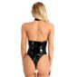 Women Plus Size Faux Leather Jumpsuits Zipper Open Crotch Bodysuit For Sex Ladies Mesh Glossy Leather Lingerie With Chains