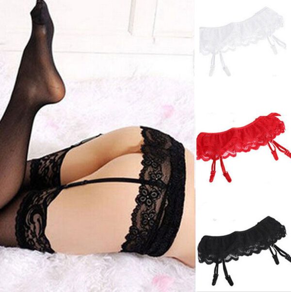 Womens Lace decoration Pantyhose Ladies Solid color Thigh-Highs Stockings Socks + Suspender Garter Belt Sexy Female lingerie